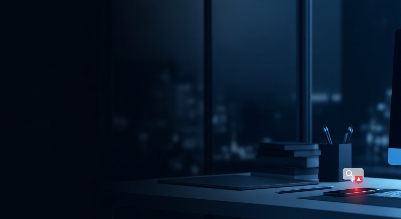 Ambiente de escrit&oacute;rio com computador e luzes urbanas ao fundo